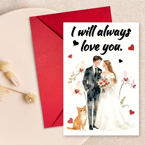 Hochzeitstag Grußkarte Mit Rotem Umschlag Aquarell Illustration Brautpaar Katze Romantische Liebeserklärung Karten