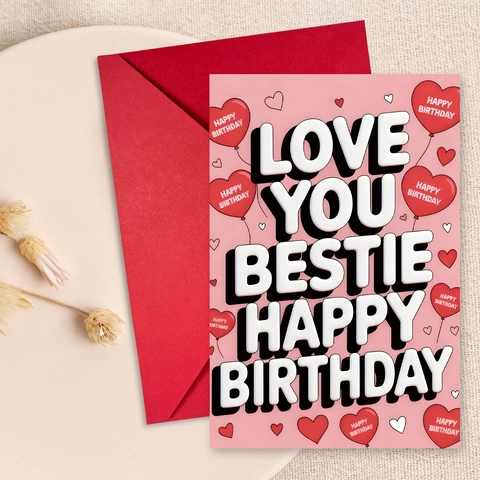 Carte de Vœux Rose Happy Birthday Et Enveloppe Rouge Love You Bestie 3D Cœur Ballons Carte Papier Couché Pour Cadeau Amis