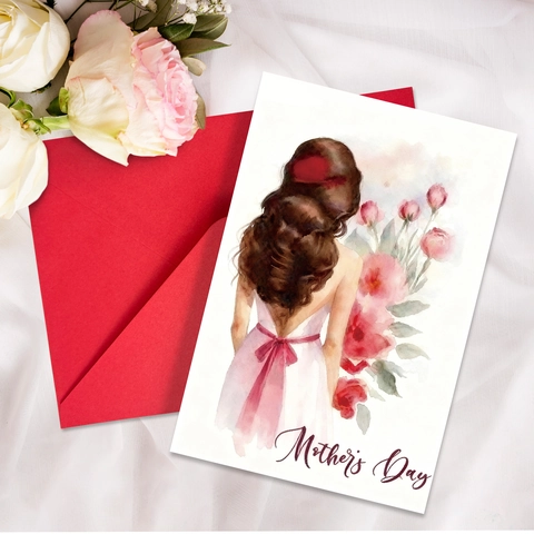 Elegant Mother's Day Greeting Card With Red Envelope Watercolor Flower Woman Art Paper Card For Mom Grandma Thank You Gift