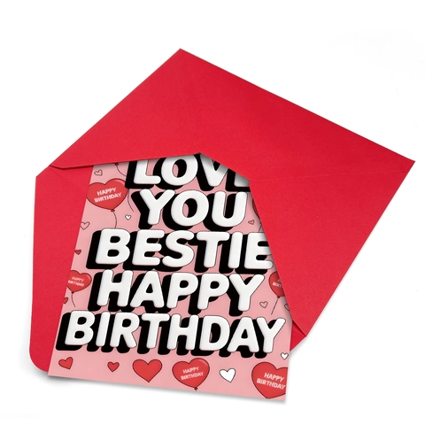 Carte de Vœux Rose Happy Birthday Et Enveloppe Rouge Love You Bestie 3D Cœur Ballons Carte Papier Couché Pour Cadeau Amis
