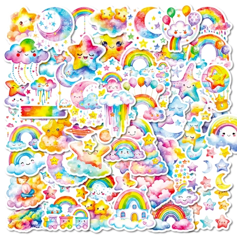 Watercolor Cartoon Star Cloud Rainbow Stickers Colorful Waterproof DIY Decals For Journaling Laptop Luggage Kids Gift
