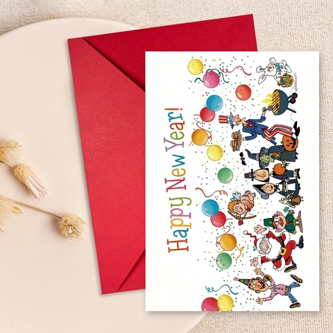 Carte de Vœux Bonne Année Avec Enveloppe Rouge Illustration de Dessin Animé Carte Postale en Carton Pour Cadeaux de Fête Messages Célébration