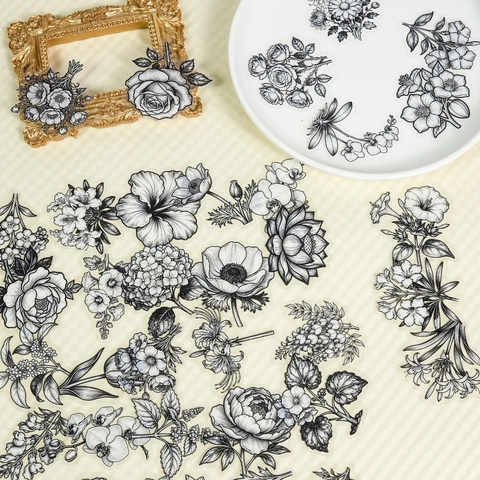 Vintage Schwarz-Weiß Florale Transparente PET Aufkleber Wasserdichte Botanische Pflanzen Deko Für Scrapbooking DIY Journaling