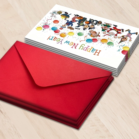 Carte de Vœux Bonne Année Avec Enveloppe Rouge Illustration de Dessin Animé Carte Postale en Carton Pour Cadeaux de Fête Messages Célébration