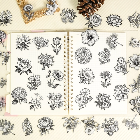Vintage Schwarz-Weiß Florale Transparente PET Aufkleber Wasserdichte Botanische Pflanzen Deko Für Scrapbooking DIY Journaling
