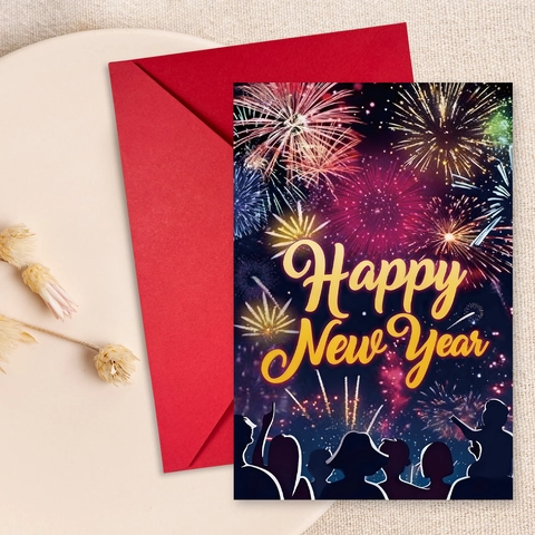 Juego de Tarjetas de Felicitación de Feliz Año Nuevo Con Sobres Rojos Fuegos Artificiales Silueta de Multitud Tarjetas de Mensaje de Celebración Fiesta