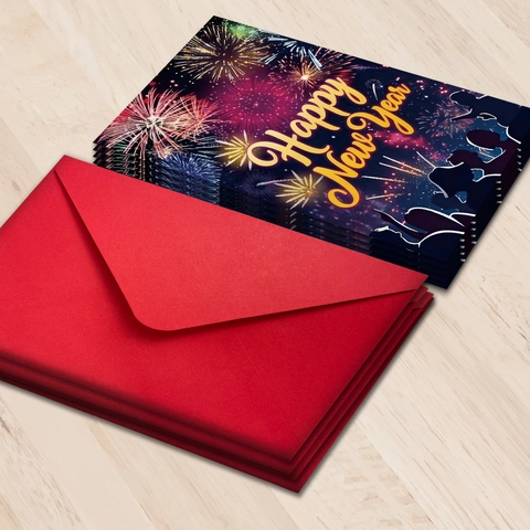 Juego de Tarjetas de Felicitación de Feliz Año Nuevo Con Sobres Rojos Fuegos Artificiales Silueta de Multitud Tarjetas de Mensaje de Celebración Fiesta