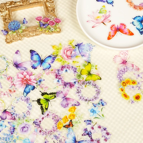 Transparent PET Butterfly Flower Stickers Waterproof Aesthetic Decorative Decals For Laptop Scrapbooking Journaling DIY