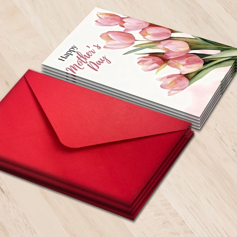 Happy Mother's Day Greeting Card And Red Envelope Watercolor Floral Tulip Lily Sunflower Carnation Thank You Gift For Mom