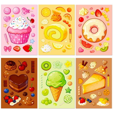 6 Sheets Pack Cartoon Dessert DIY Make A Face Stickers For Kids Reward DIY Handcraft Scrapbooking Stationery Puzzle Sticker Set