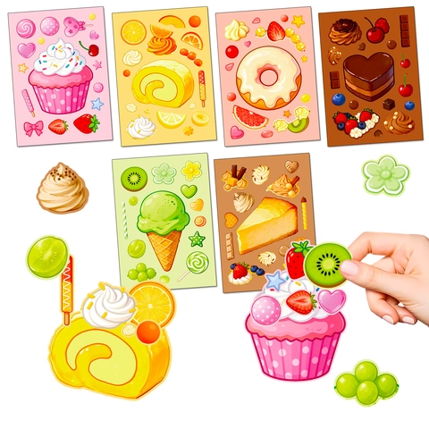 6 Sheets Pack Cartoon Dessert DIY Make A Face Stickers For Kids Reward DIY Handcraft Scrapbooking Stationery Puzzle Sticker Set