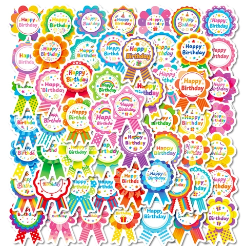 Happy Birthday Cartoon Rosette Ribbon Stickers For Gift Wrap Scrapbooking Envelope Decoration Colorful Festive Party Favors Labels