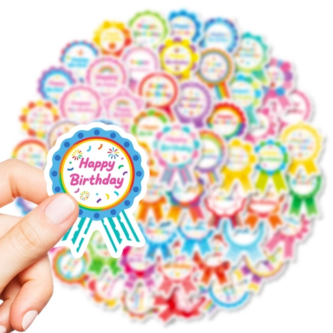 Happy Birthday Cartoon Rosette Ribbon Stickers For Gift Wrap Scrapbooking Envelope Decoration Colorful Festive Party Favors Labels