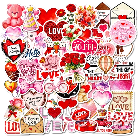 Valentinstag Cartoon Gekritzel Aufkleber Rot Herz Rose Blume Wasserdicht PVC Dekal Für DIY Scrapbooking Journal Dekoration