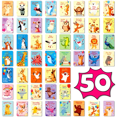 50 Pièces Dessin Animé Animal Joyeux Anniversaire Mini Cartes De Vœux Message Pour Décoration De Boîte Cadeau Et Fête