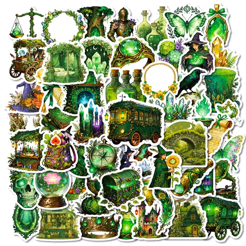 Green Forest Magic Witch Stickers Waterproof PVC Fantasy Decals For Laptop Scrapbook Water Bottle Aesthetic Magical Theme