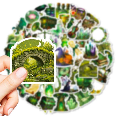 Green Forest Magic Witch Stickers Waterproof PVC Fantasy Decals For Laptop Scrapbook Water Bottle Aesthetic Magical Theme