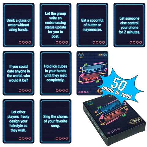 Happy Hour Party Game Cards For Adults 50Pcs Social Interaction Drinking Dare Cards Neon Style Board Games Gathering Fun