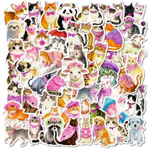 56 Pièces Mignons Autocollants Chat Rose Animaux Dessin Animé Imperméables Décalcomanies Décoratives pour Scrapbooking Ordinateur Gourde DIY Cadeau Enfants