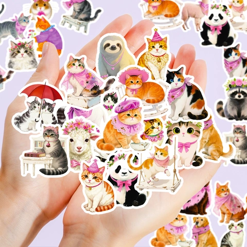 56 Pièces Mignons Autocollants Chat Rose Animaux Dessin Animé Imperméables Décalcomanies Décoratives pour Scrapbooking Ordinateur Gourde DIY Cadeau Enfants