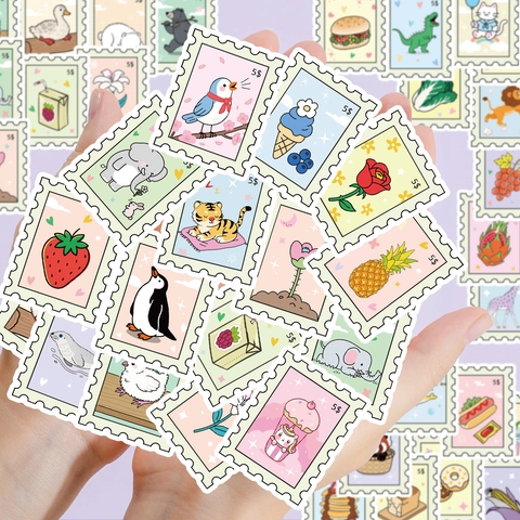 Cute Cartoon Animal Food Fruit Stamp Stickers Aesthetic Fresh PVC Waterproof Decorative Decals For DIY Scrapbook Journal Laptop Kids Gifts