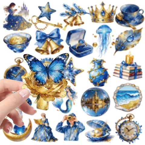 Fantasy Klein Blue Star PET Stickers Transparent Waterproof Decorative Scrapbooking Journal Aesthetic Gold Foil Decals