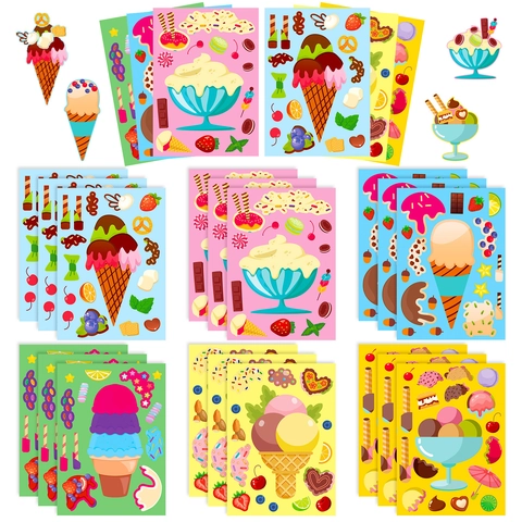 Kids DIY Ice Cream Dessert Cartoon Stickers Face Changing Puzzle Stickers For Children Hand Account Decoration Cute Food Stickers