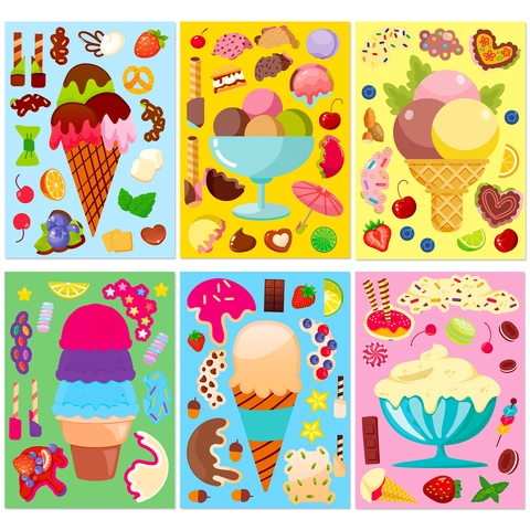 Kids DIY Ice Cream Dessert Cartoon Stickers Face Changing Puzzle Stickers For Children Hand Account Decoration Cute Food Stickers