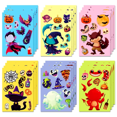 Halloween DIY Make-A-Face Stickers Cartoon Vampire Black Cat Ghost Werewolf Puzzle Decals For Kids Party Favors Scrapbooking