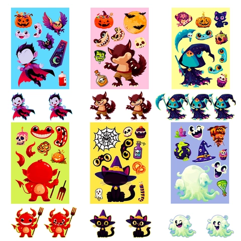 Halloween DIY Make-A-Face Stickers Cartoon Vampire Black Cat Ghost Werewolf Puzzle Decals For Kids Party Favors Scrapbooking