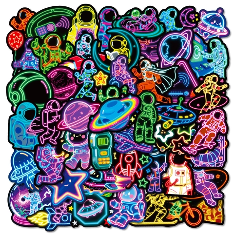Neon Astronaut Space Stickers Waterproof PP Decals For Laptop Luggage Skateboard Water Bottle Sci-Fi Decor For Kids Teens