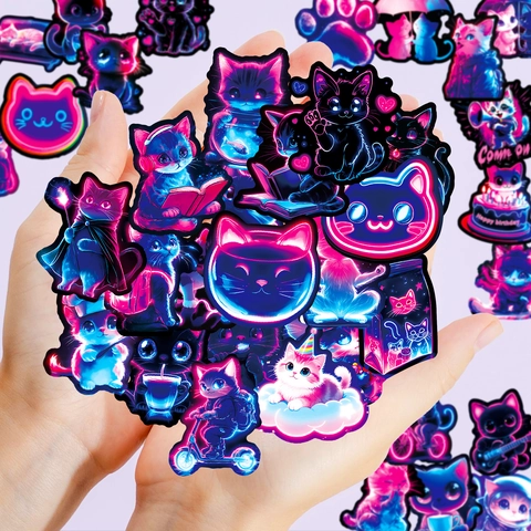 Neon Cat Stickers Waterproof Cyberpunk Style Cartoon Decals For Laptop Notebook Water Bottle Suitcase Guitar Decoration