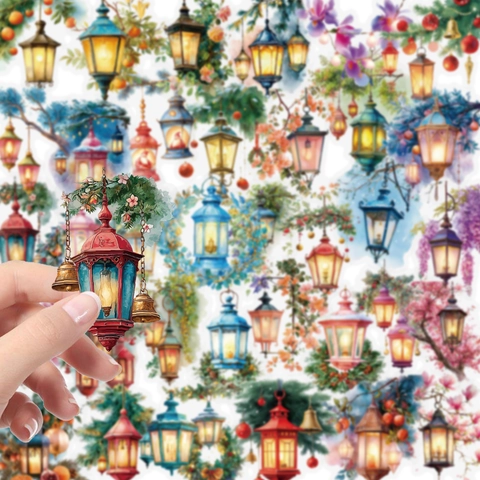 Retro Lantern PET Stickers Vintage Watercolor Lantern Floral Decorative Stickers For Scrapbook Laptop Water Bottle Cup Stationery