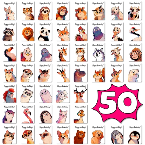 Tarjetas de Felicitación de Feliz Cumpleaños de Animales de Dibujos Animados Ilustraciones Dibujadas a Mano para Decoración