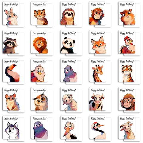 Tarjetas de Felicitación de Feliz Cumpleaños de Animales de Dibujos Animados Ilustraciones Dibujadas a Mano para Decoración