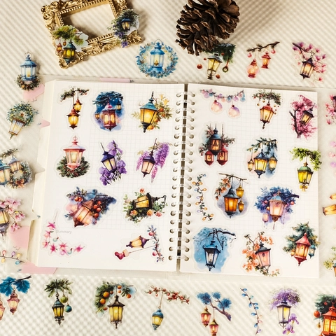 Retro Lantern PET Stickers Vintage Watercolor Lantern Floral Decorative Stickers For Scrapbook Laptop Water Bottle Cup Stationery