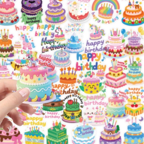 56 Pcs Birthday Cake Stickers Transparent PET Cartoon Happy Birthday Graffiti Decorative Stickers For DIY Scrapbooking Party Decor