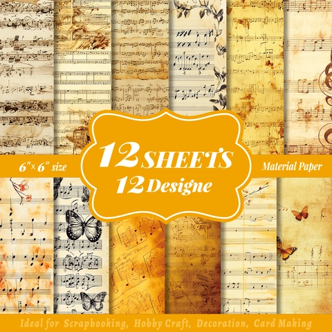12 Sheets Vintage Music Score Scrapbooking Paper Butterfly Floral Aged Decorative DIY Craft Background Paper 6x6 Inch