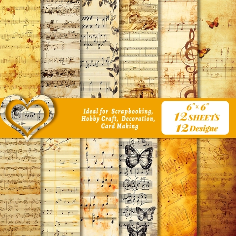 12 Sheets Vintage Music Score Scrapbooking Paper Butterfly Floral Aged Decorative DIY Craft Background Paper 6x6 Inch