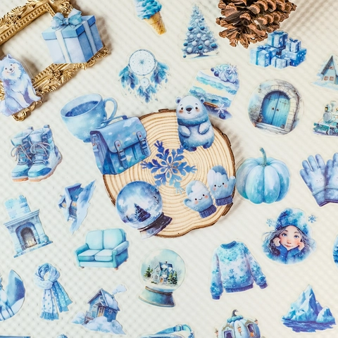 Pegatinas Impermeables De PET Azul Invierno Nieve Para Scrapbooking DIY Decoración De Diario Dibujos Animados Regalo
