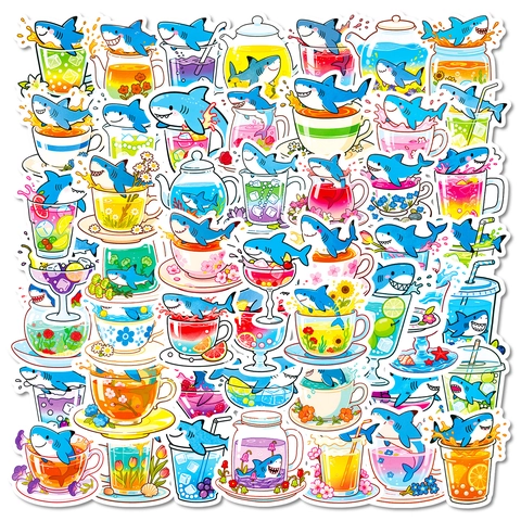 Autocollants Mignons En PVC Imperméables Avec Motif Requin Et Boisson Pour Bouteille D'eau Ordinateur Portable Scrapbooking Décoration Maison