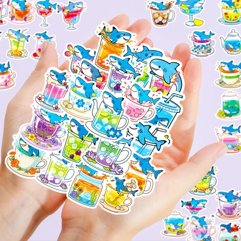 Autocollants Mignons En PVC Imperméables Avec Motif Requin Et Boisson Pour Bouteille D'eau Ordinateur Portable Scrapbooking Décoration Maison