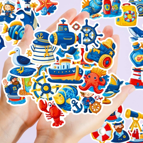 Adesivi Nautici Cartoon in PVC Impermeabili 56 Pezzi Capitano Faro Ancora Creature Marine Barca DIY Scrapbook Laptop Graffiti Decals