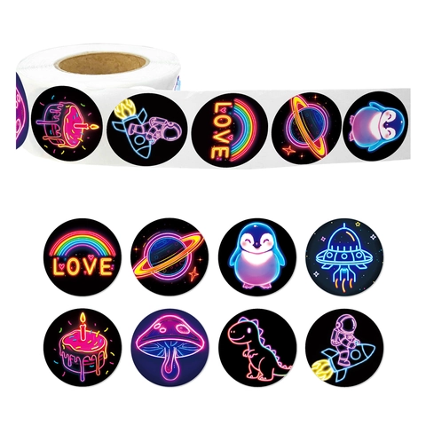 Neon Cartoon Rollenaufkleber Runde Dekorative Etiketten Süße Pinguin Dinosaurier Pilz Astronaut Für DIY Scrapbooking Geschenkverpackung
