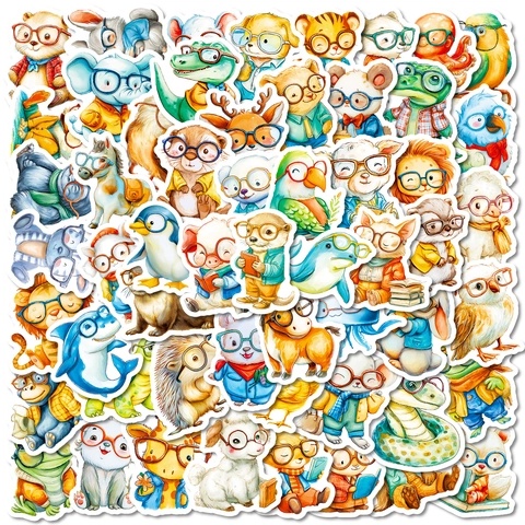 Cartoon Animals Wearing Glasses Stickers Waterproof PVC Watercolor Stickers For Water Bottles Laptop Scrapbook Kids Gift