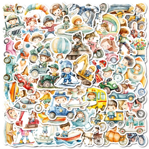 Aquarel Cartoon Kinderen Stickers Voor Waterfles Skateboard DIY Decoratie Leuke Voertuigen Transport Personages Kinderen Stickers Set