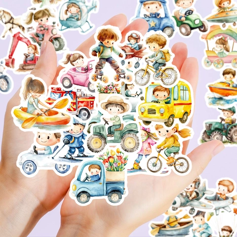 Aquarel Cartoon Kinderen Stickers Voor Waterfles Skateboard DIY Decoratie Leuke Voertuigen Transport Personages Kinderen Stickers Set