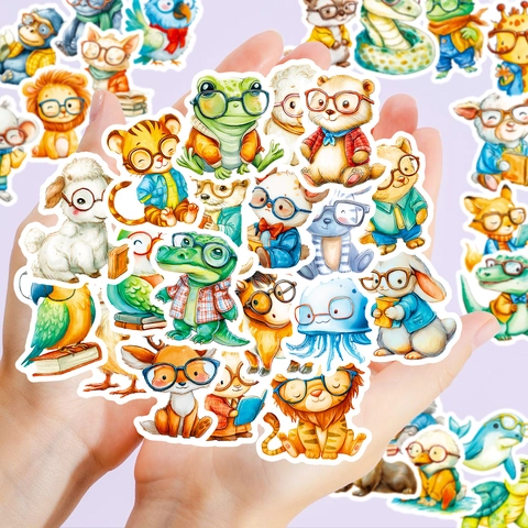 Cartoon Animals Wearing Glasses Stickers Waterproof PVC Watercolor Stickers For Water Bottles Laptop Scrapbook Kids Gift
