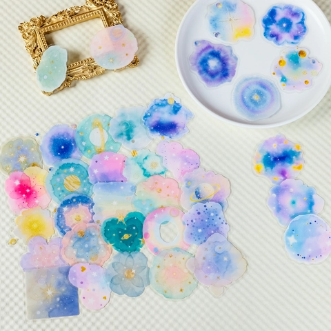 Aquarell Galaxie PET Aufkleber Transparent Traumhaft Universum Planet Stern Deko Etiketten Für Scrapbooking Journaling DIY