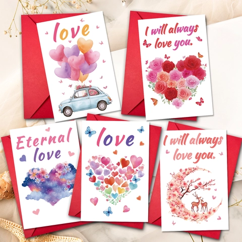 Tarjetas de Felicitación de San Valentín Con Sobres Rojos Globo de Corazón Coche Vintage Mensaje de Amor Romántico para Aniversario